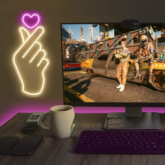 Finger Heart Neon Signs K-Pop Heart Hand Led Sign Pink Warm White Korean Hand Symbol Love Lights Wall Bedroom Game Room Decor